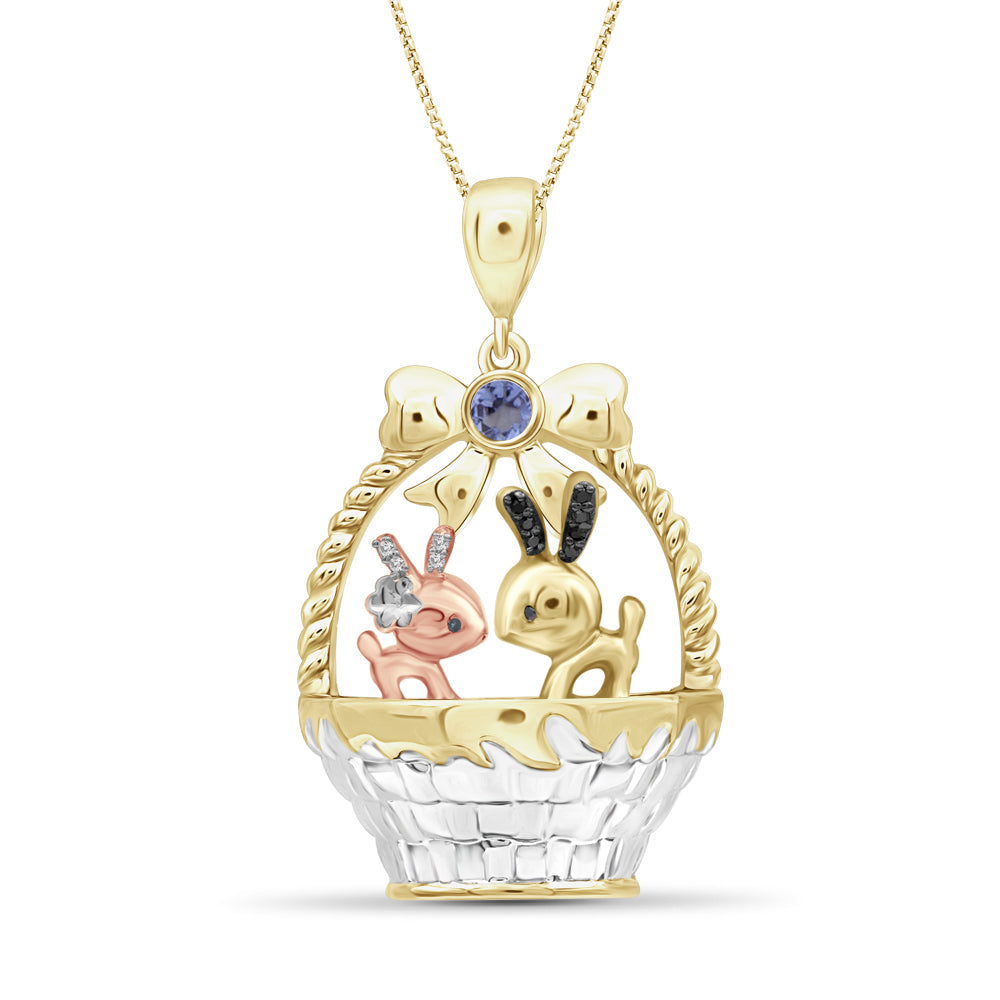 Birthstone and Accent Diamond Rabbit Basket Pendant in Sterling Silver - Assorted Birthstones